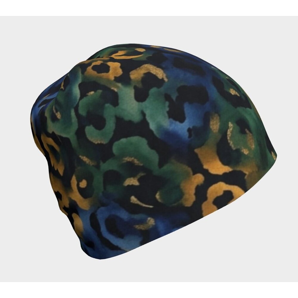 Watercolor Cheetah Print Beanie, Emerald Blue Gold, Bamboo Lined Slouchy Cap